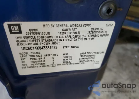 2004 Chevrolet Silverado C1500 from USA, damaged, VIN 1GCEC14X04Z331933